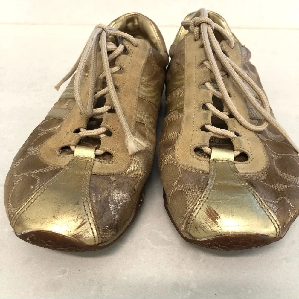 Coach Katelyn Gold Sneakers Women’s 9, Style A1166, Signature C Logo Metallic